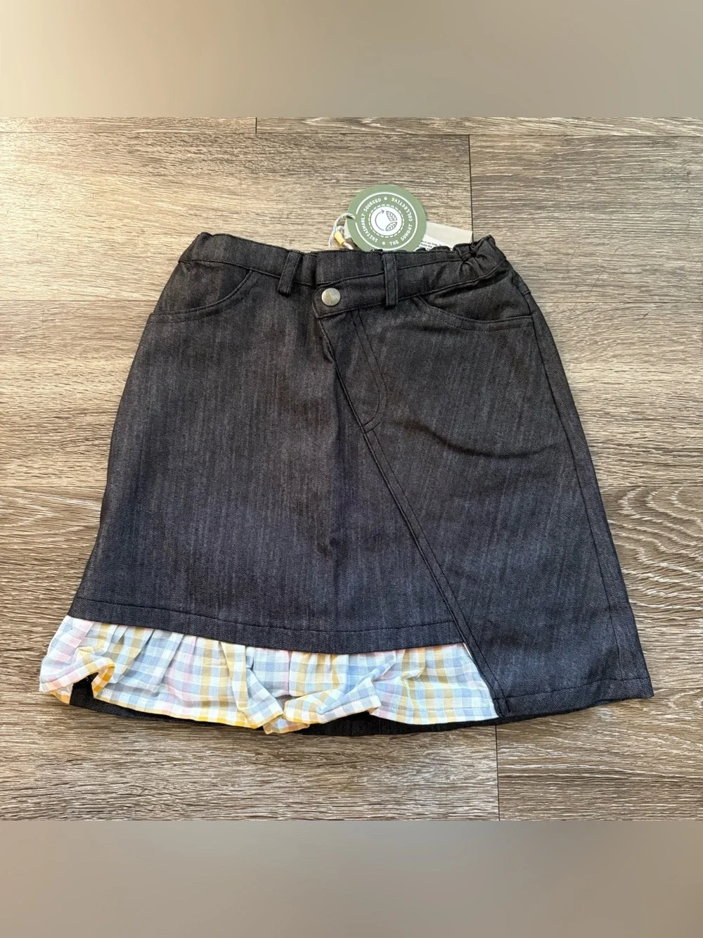 NWT The Sunday Collective Black Denim Look Plaid Detail Skirt